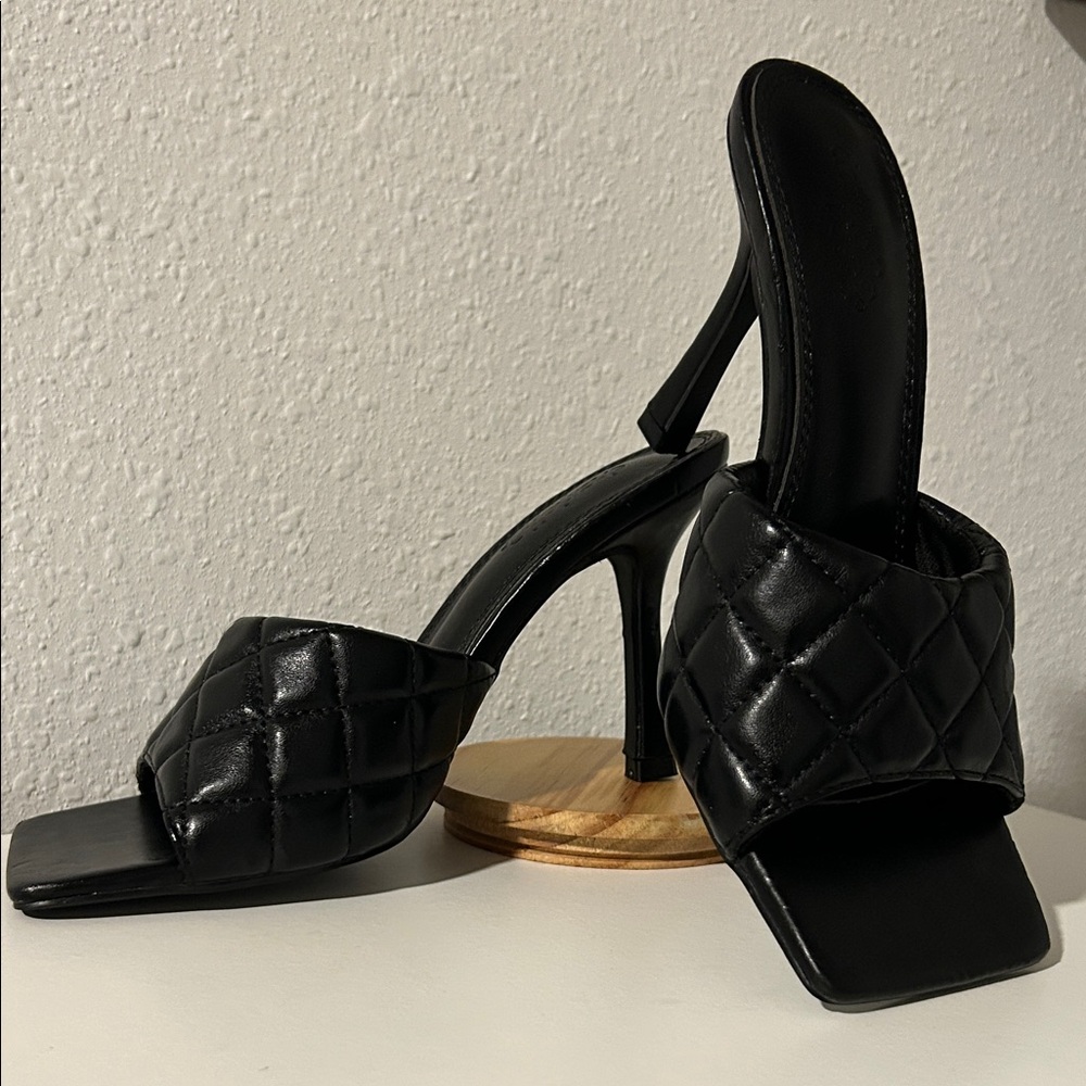 Quilted Black Square-Toe Heeled Mules